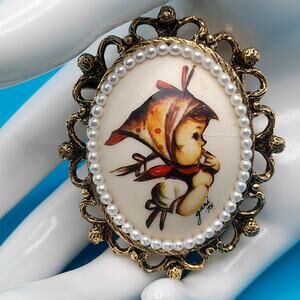 Vintage Hummel Style Girl Brooch Pendant, Painting On Egg Shell By Geri 1975
